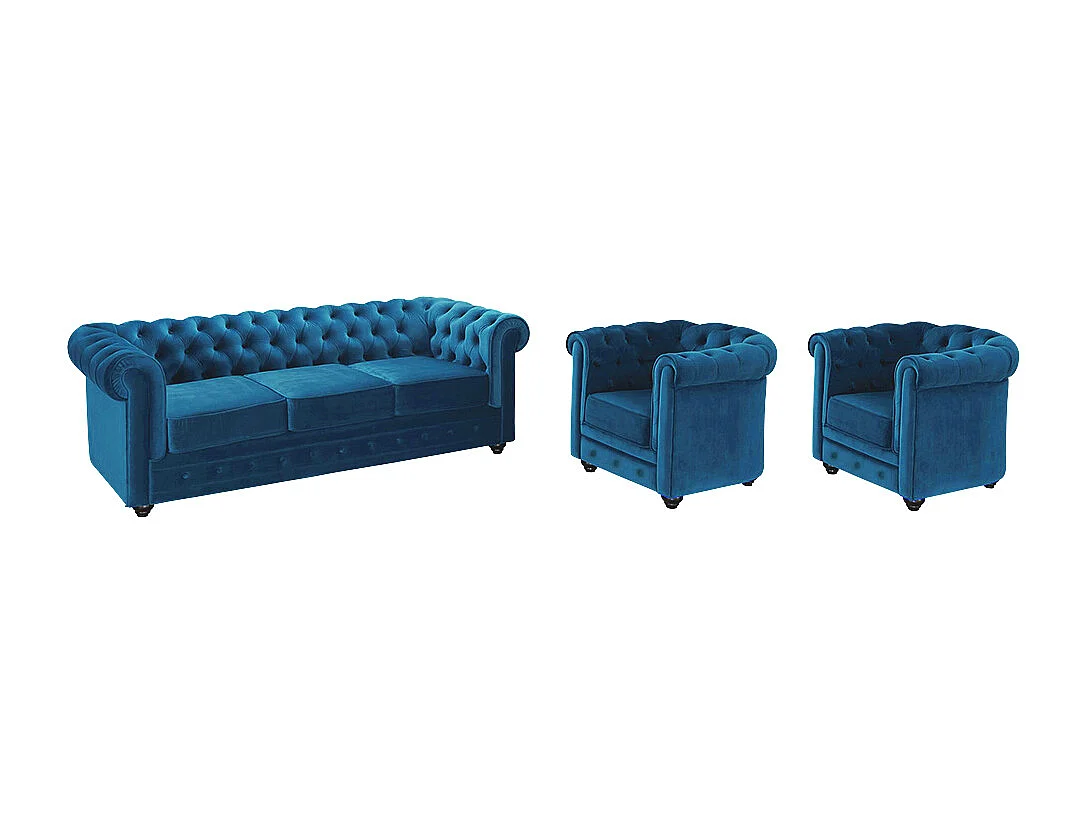 Driezitsbank en 2 fauteuils CHESTERFIELD - fluweel - blauw