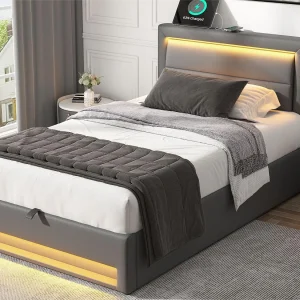90×200 cm kunstleer opbergbed met LED – met oplaadpoorten (bedraad en draadloos) – Grijs