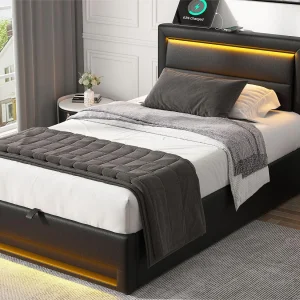 90×200 cm kunstleer opbergbed met LED – met oplaadpoorten (bedraad en draadloos) – Zwart