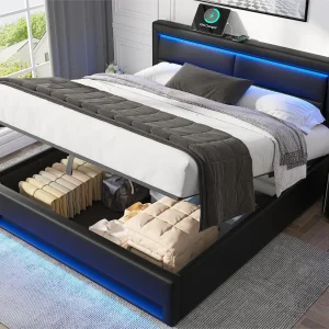 140×200 cm kunstleer opbergbed met LED – met oplaadpoorten (bedraad en draadloos) – Zwart 140×200 cm kunstleer opbergbed met LED – met oplaadpoorten (bedraad en draadloos) – Zwart