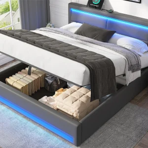 140×200 cm kunstleer opbergbed met LED – met oplaadpoorten (bedraad en draadloos) – Grijs 140×200 cm kunstleer opbergbed met LED – met oplaadpoorten (bedraad en draadloos) – Grijs