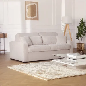 Slaapbank – 3 zitplaatsen – Stoffen bekleding in crèmewit – Snel ombouwbaar – Matrasbreedte: 140 cm – Matrasdikte: 16 cm – MONDOVI