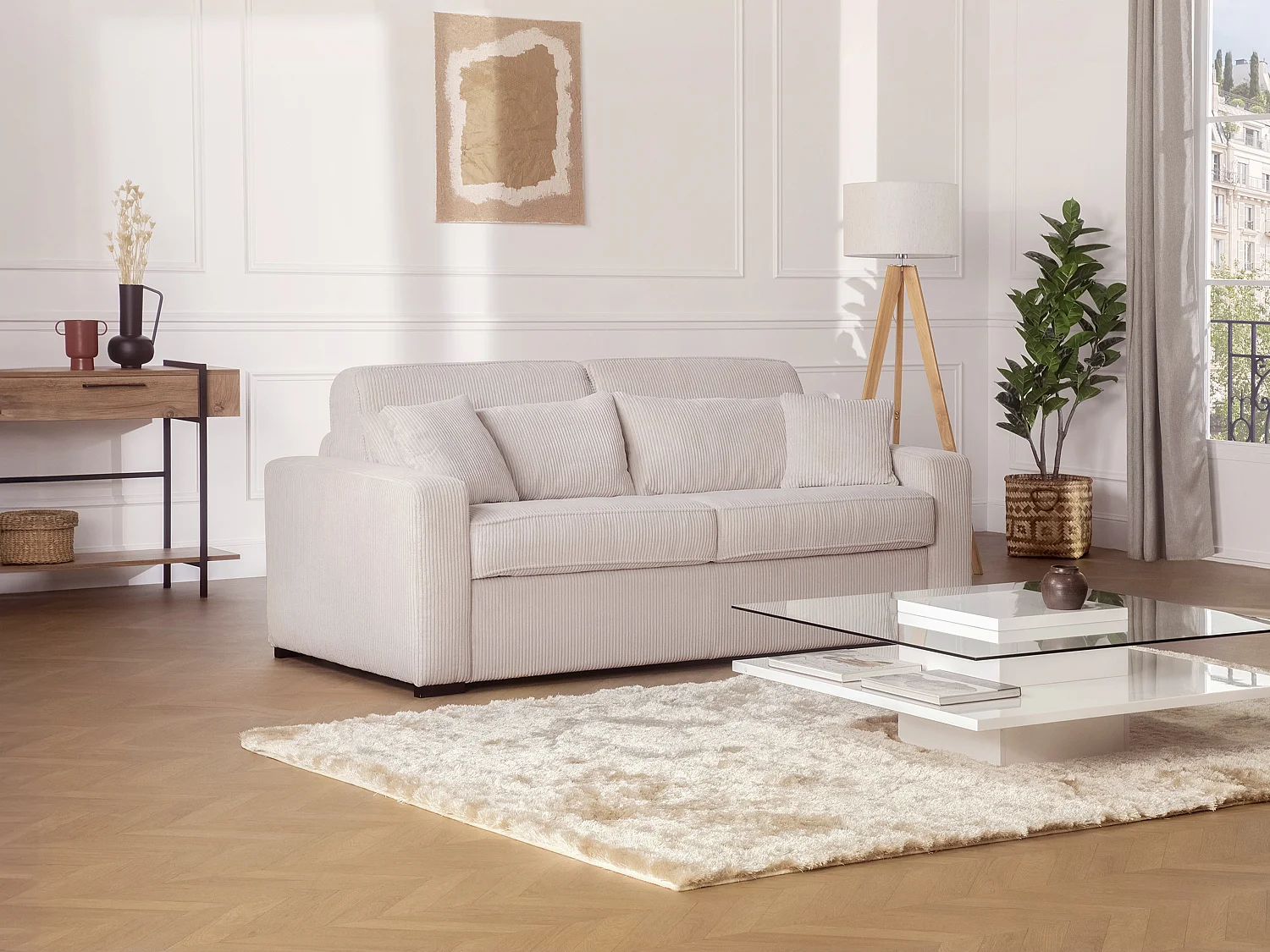 Slaapbank – 3 zitplaatsen – Stoffen bekleding in crèmewit – Snel ombouwbaar – Matrasbreedte: 140 cm – Matrasdikte: 16 cm – MONDOVI