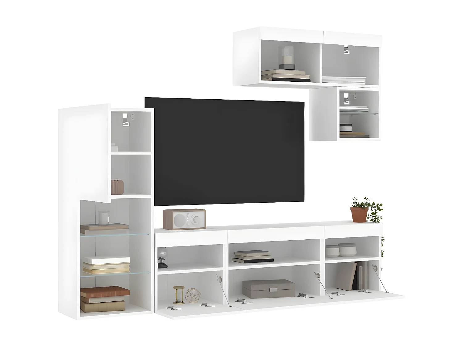 6-delige Tv-wandmeubelset met LED-verlichting bewerkt hout wit NL250979