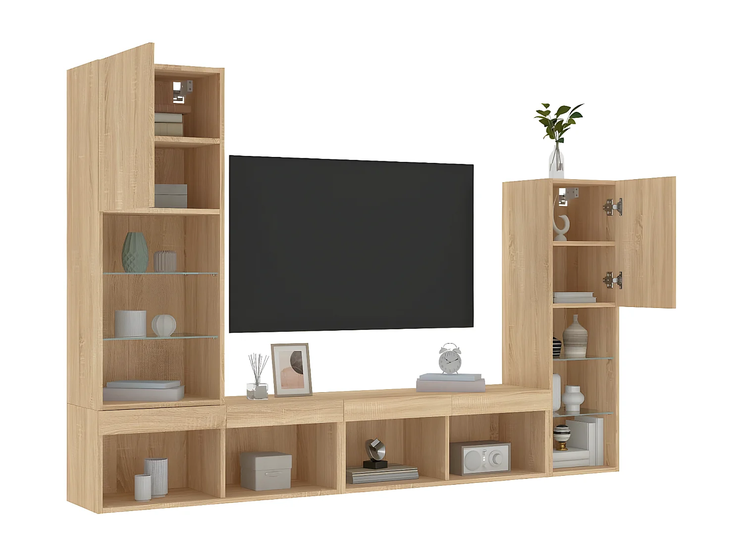 4-delige Tv-wandmeubelset met LED bewerkt hout sonoma eiken NL82195