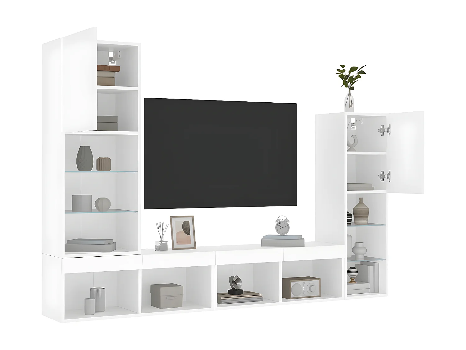 4-delige Tv-wandmeubelset met LED-verlichting bewerkt hout wit NL755106