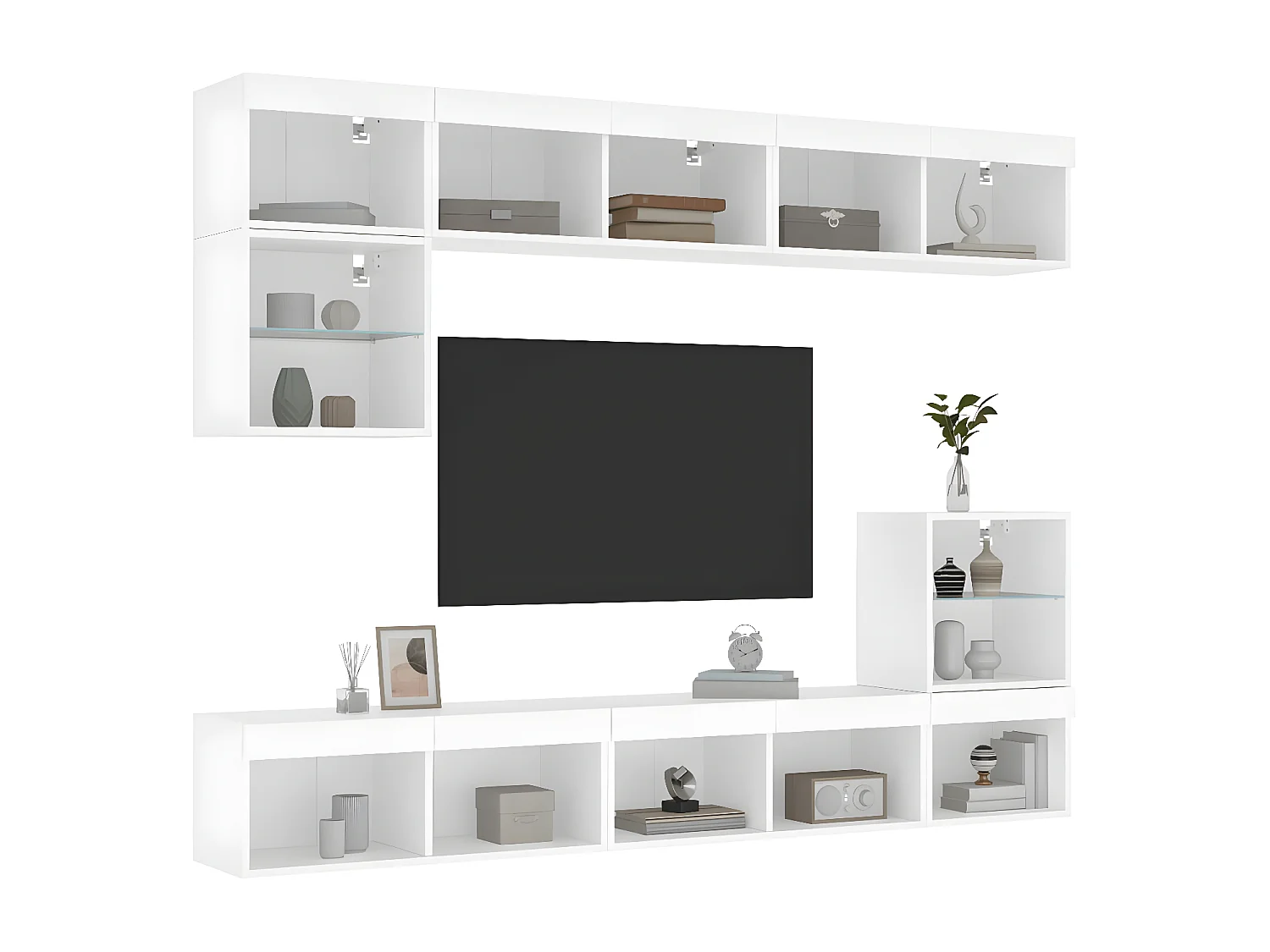 8-delige Tv-wandmeubelset met LED-verlichting bewerkt hout wit NL180359