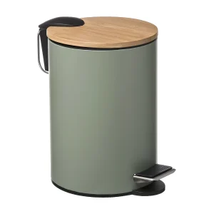 Badkamer Prullenbak van Metaal Groen Kaki 3L met Bamboe Deksel Badkamer Prullenbak van Metaal Groen Kaki 3L met Bamboe Deksel