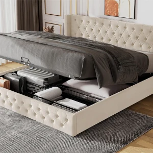 140x190cm fluwelen opbergbed met lattenbodem – beige 140x190cm fluwelen opbergbed met lattenbodem – beige
