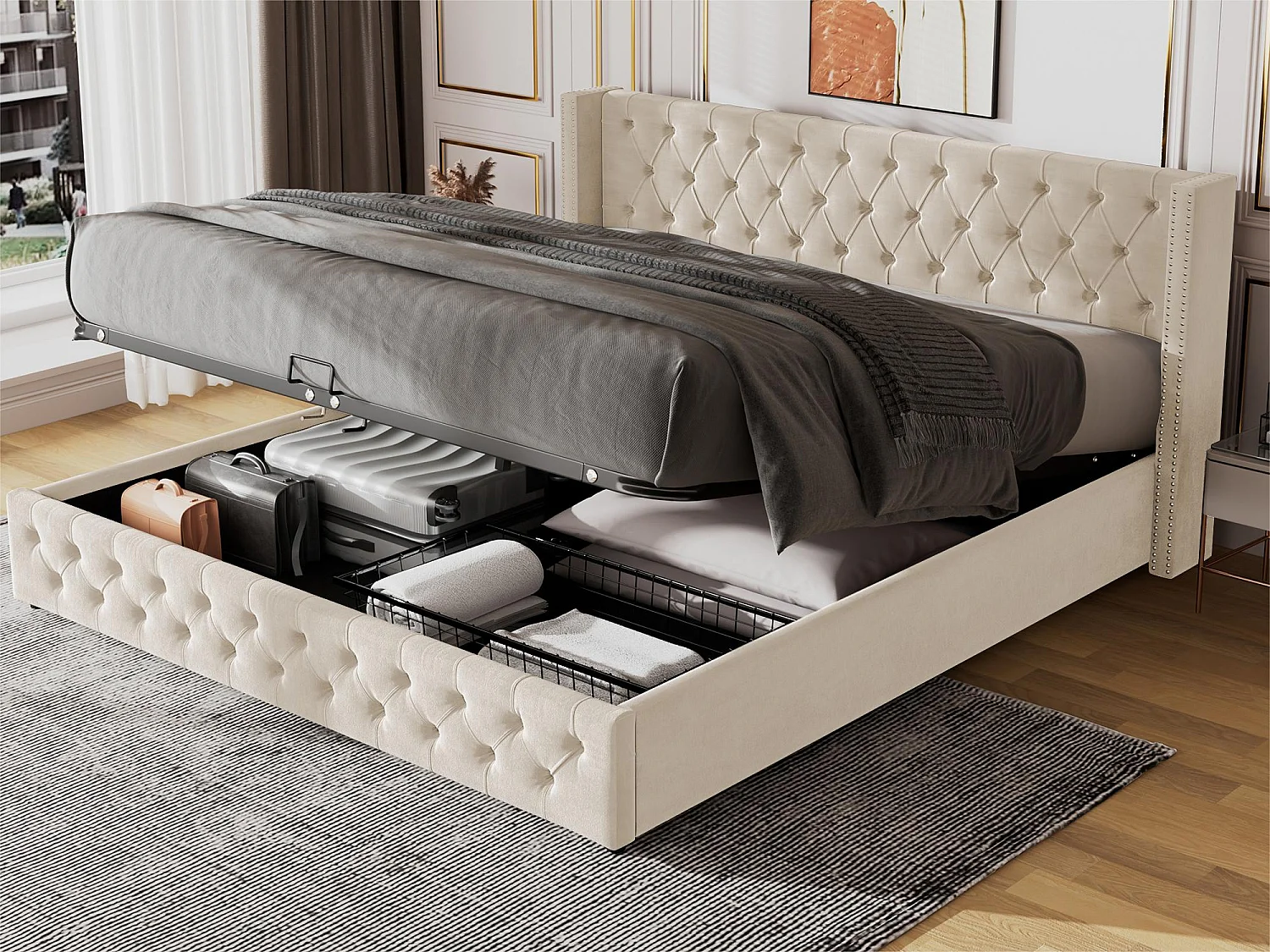 140x190cm fluwelen opbergbed met lattenbodem – beige
