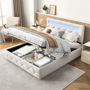 Bed 140x200cm met LED – Lattenbodem – Grote opbergruimte – Verstelbaar hoofdeinde – Beige Bed 140x200cm met LED – Lattenbodem – Grote opbergruimte – Verstelbaar hoofdeinde – Beige