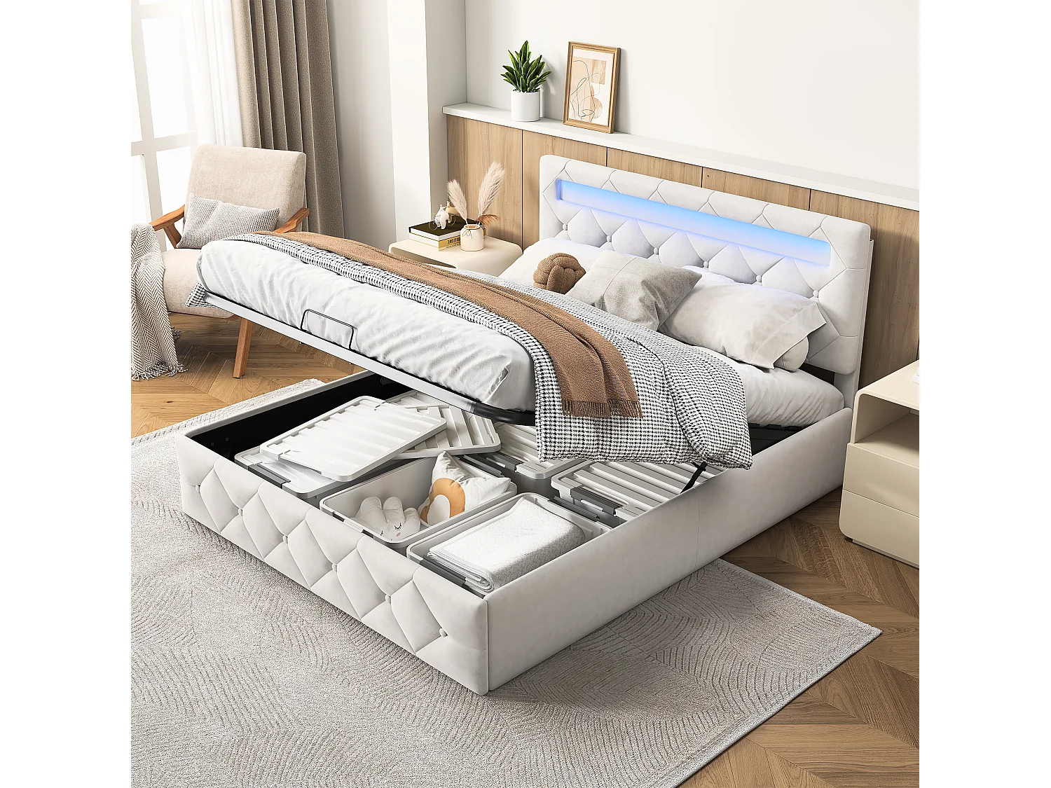 Bed 140x200cm met LED - Lattenbodem - Grote opbergruimte - Verstelbaar hoofdeinde - Beige