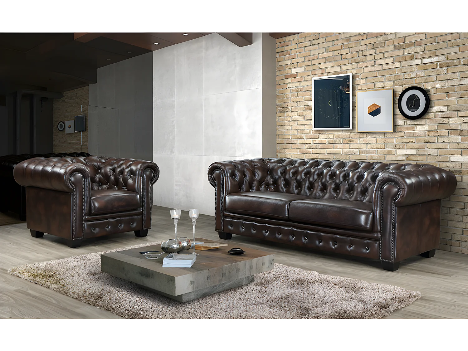 3 zitsbank en fauteuil BRENTON 100% buffelleer - bruin