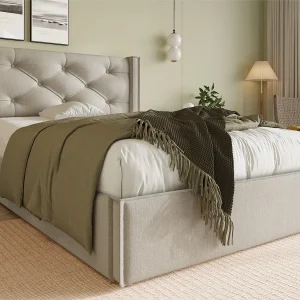 Gewatteerd opbergbed 90x200cm in katoenen stof – met lattenbodem – Lichtgrijs