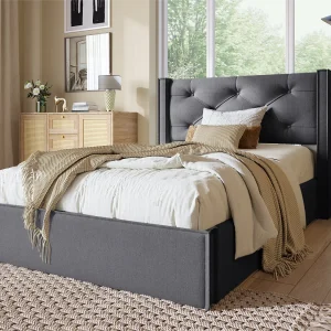 Gewatteerd opbergbed 90x200cm in katoenen stof – met lattenbodem – Grijs