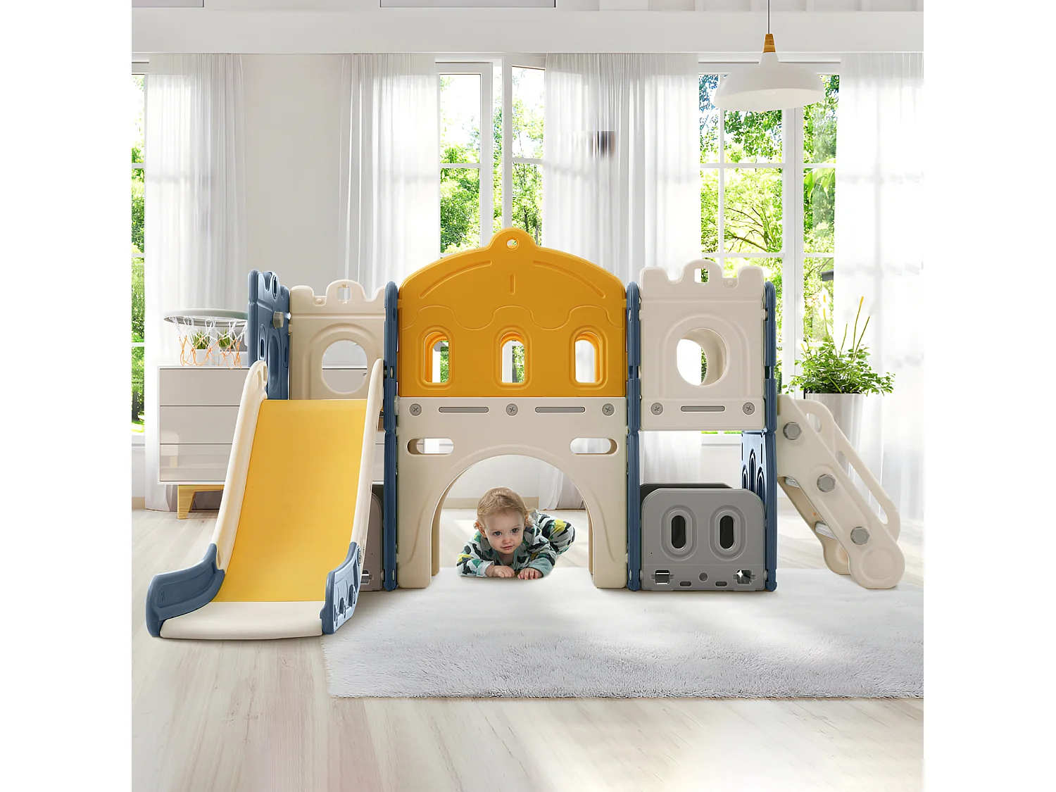 6 in 1 kinderglijbaan - met basketbalring, glijbaan, klimtoren, HDPE (zeeballen niet uitgesloten) - Blauw