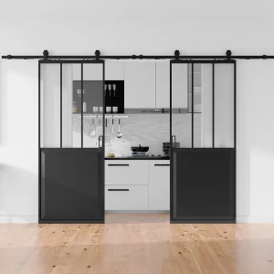 Dubbele schuifdeur met railbevestiging en gehard glas, 2 x H205 x L73 cm, ARTISTO II Dubbele schuifdeur met railbevestiging en gehard glas, 2 x H205 x L73 cm, ARTISTO II