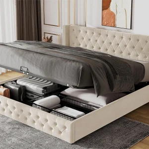 160x200cm fluwelen opbergbed met lattenbodem – Beige 160x200cm fluwelen opbergbed met lattenbodem – Beige