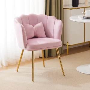 1 Fluwelen stoel – met bloemblaadjevormige rugleuning – goud metalen poten – Roze 1 Fluwelen stoel – met bloemblaadjevormige rugleuning – goud metalen poten – Roze