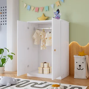 2-deurs kledingkast met roede, voor slaapkamer, woonkamer – MDF hout – wit 2-deurs kledingkast met roede, voor slaapkamer, woonkamer – MDF hout – wit