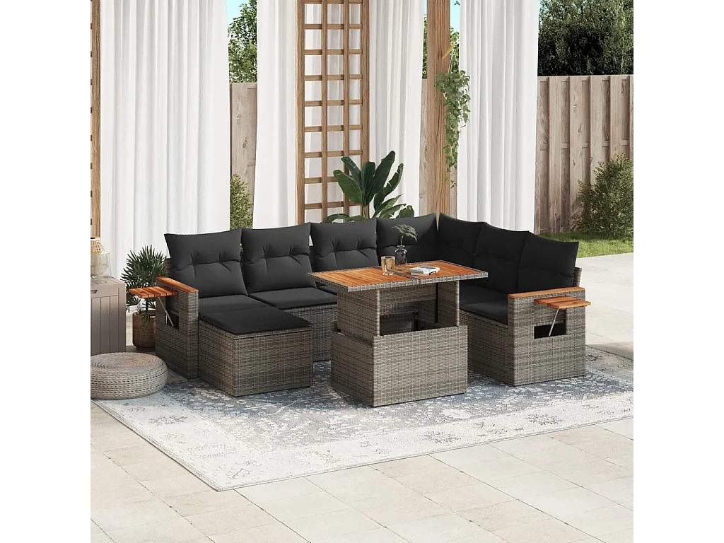 8-delige Loungeset met kussens poly rattan grijs