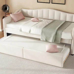 90x200cm bedbank met LED + 90x190cm onderschuifbed – bekleed met linnenstof – Beige (matras niet inbegrepen) 90x200cm bedbank met LED + 90x190cm onderschuifbed – bekleed met linnenstof – Beige (matras niet inbegrepen)
