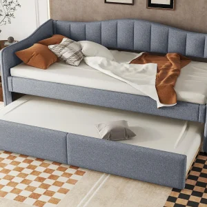 90x200cm bedbank met LED + 90x190cm onderschuifbed – bekleed met linnenstof – Grijs (matras niet inbegrepen) 90x200cm bedbank met LED + 90x190cm onderschuifbed – bekleed met linnenstof – Grijs (matras niet inbegrepen)