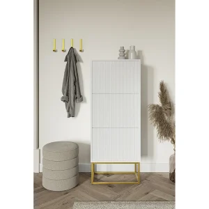 3-deurs schoenenkast – 50x30x125 cm – wit met gouden poten – VELDIO 3-deurs schoenenkast – 50x30x125 cm – wit met gouden poten – VELDIO