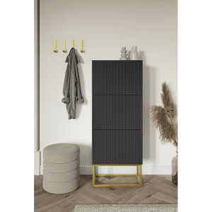 3-deurs schoenenkast – 50x30x125 cm – zwart met gouden poten – VELDIO 3-deurs schoenenkast – 50x30x125 cm – zwart met gouden poten – VELDIO