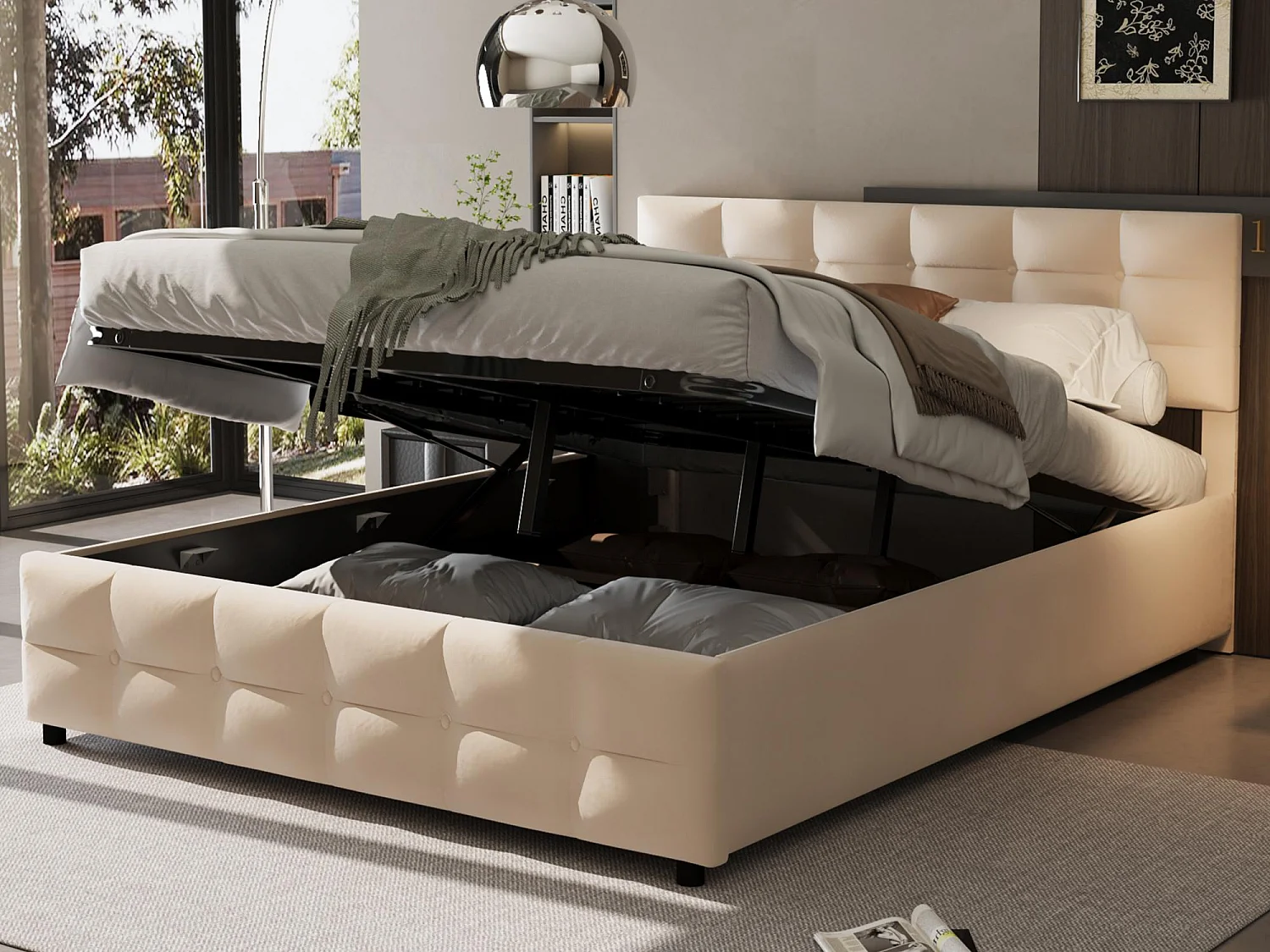180x200cm fluwelen opbergbed - met lattenbodem - Beige
