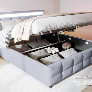 180x200cm fluwelen opbergbed – met LED en lattenbodem – Grijs