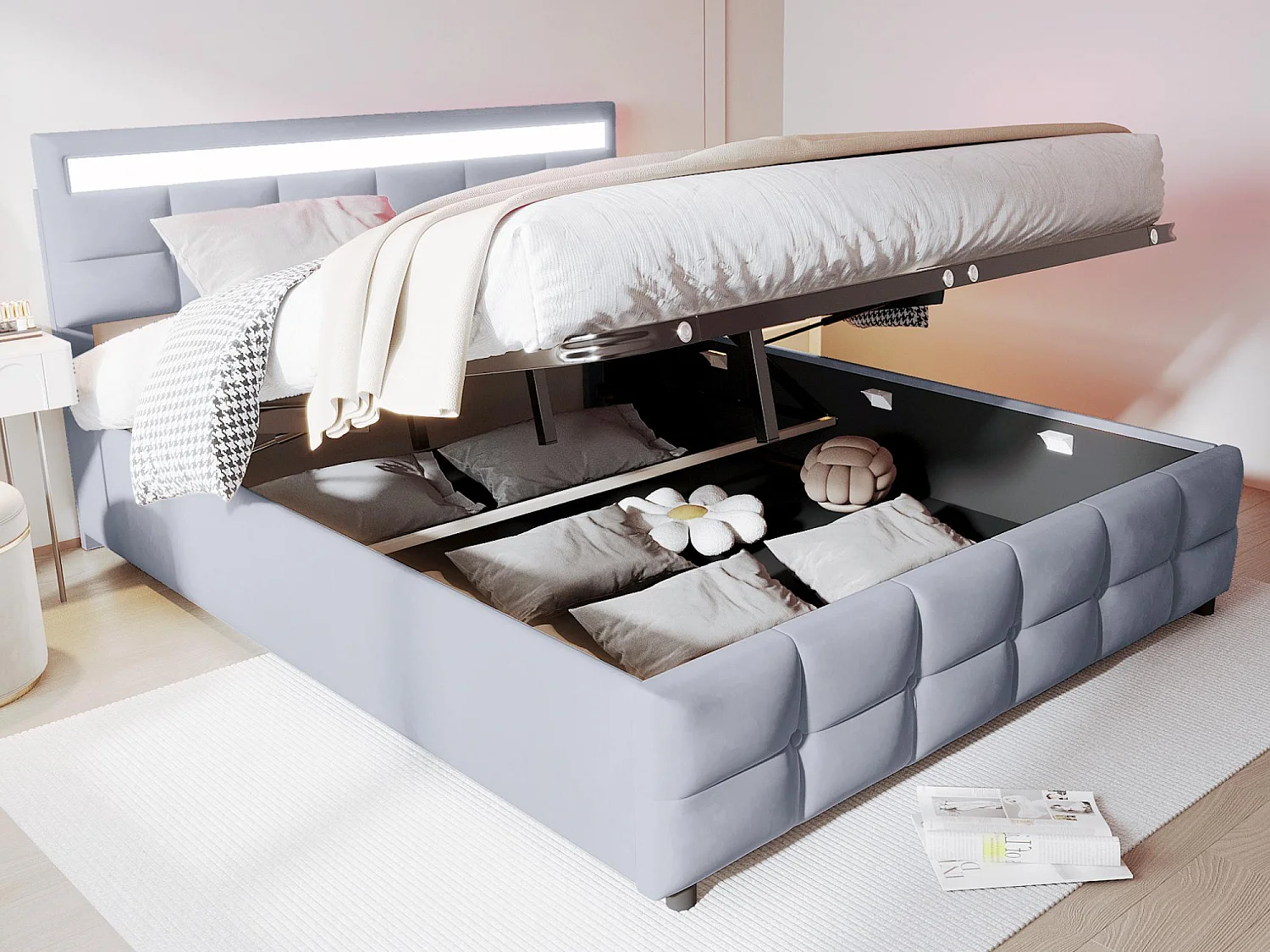 180x200cm fluwelen opbergbed - met LED en lattenbodem - Grijs
