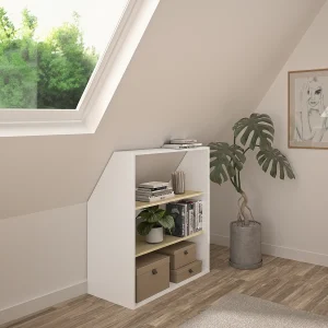 Kast voor onder een schuin dak met 2 planken, wit en naturel – ADEZIO