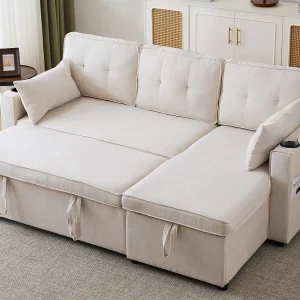 3-zits slaapbank – van katoen – met ladekast en bekerhouder – Beige