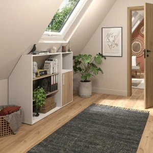 Meubel voor onder een schuin dak met 1 deur, 2 planken en 1 nis, wit en naturel – ADEZIO