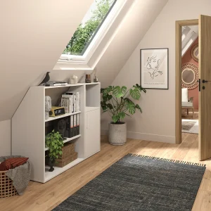 Meubel voor onder een schuin dak, 1 deur, 2 planken en 1 nis, wit – ADEZIO