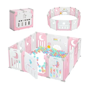 Babybox 12+2 panelen, veiligheidshek, milieuvriendelijk kunststof beschermingsrooster, 150x150x62cm – roze