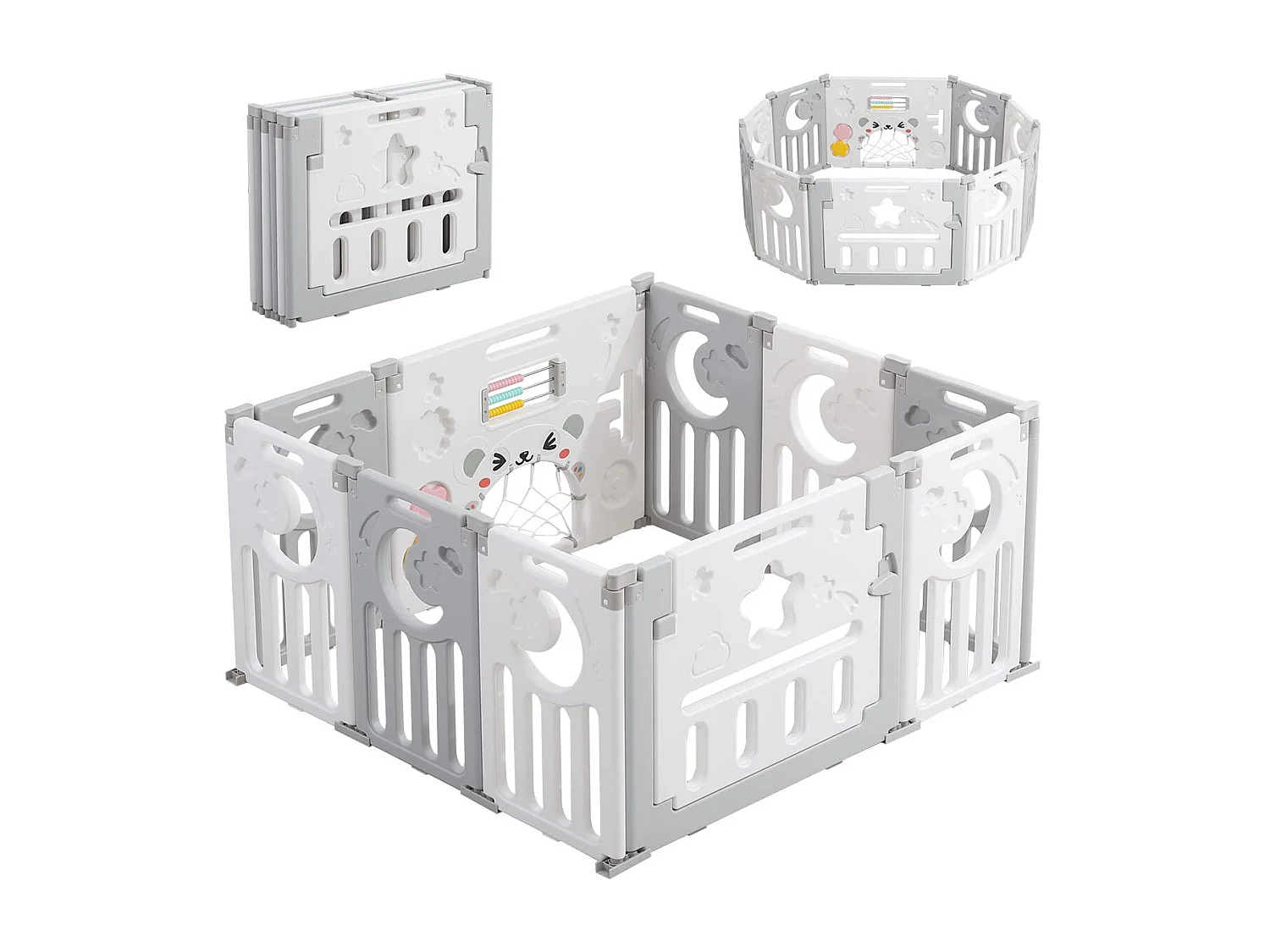 Babybox, veiligheidshek voor kinderbox, ecologische plastic babybox, plastic beschermrooster met deur (10 panelen) - grijs