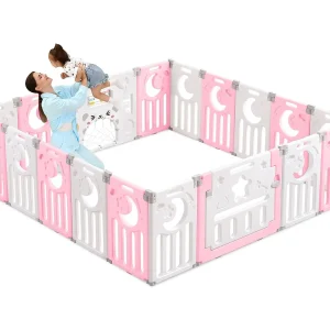 Babybox 16+2 panelen, XXL boxpoort veiligheidshek, ecologisch plastic beschermingsrooster met deur, 190x190cm, roze