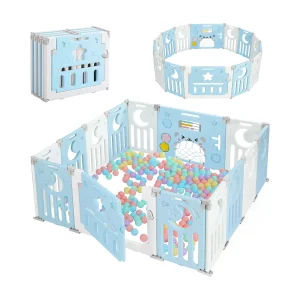 Babybox 12+2 panelen, veiligheidshek, milieuvriendelijk kunststof beschermingsrooster, 150x150x62cm – Blauw