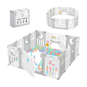 Babybox 12+2 panelen, veiligheidshek, milieuvriendelijk kunststof beschermingsrooster, 150x150x62cm – grijs