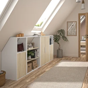 Meubel voor onder een schuin dak met 4 deurtjes, 2 planken en 2 nissen, wit en naturel – ADEZIO