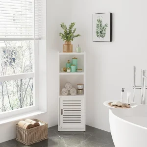 Badkamerkast met kleine deur 3 lades, opbergmeubel met deur, staande plank – 80x25x22cm – Wit Badkamerkast met kleine deur 3 lades, opbergmeubel met deur, staande plank – 80x25x22cm – Wit