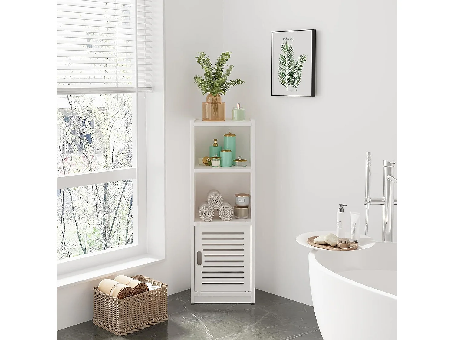 Badkamerkast met kleine deur 3 lades, opbergmeubel met deur, staande plank - 80x25x22cm - Wit