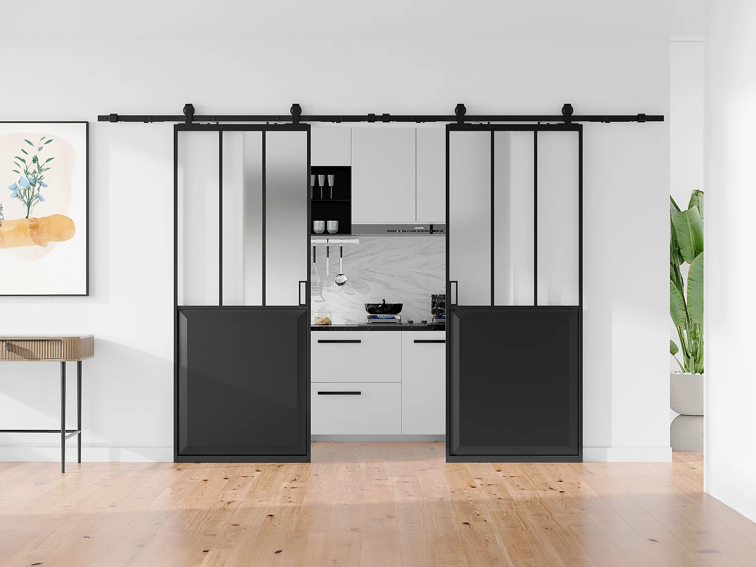 Dubbele schuifdeur in atelierstijl met wandbevestiging 2 x H205 x L63 cm, ARTISTO II