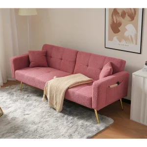 2-zits slaapbank in Sherpa-stof – 175 x 64 x 72 cm – Goudkleurige metalen poten – Roze 2-zits slaapbank in Sherpa-stof – 175 x 64 x 72 cm – Goudkleurige metalen poten – Roze