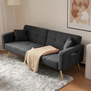 2-zits slaapbank in Sherpa-stof – 175 x 64 x 72 cm – Goudkleurige metalen poten – Grijs 2-zits slaapbank in Sherpa-stof – 175 x 64 x 72 cm – Goudkleurige metalen poten – Grijs