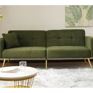 2-zits slaapbank in Sherpa-stof – 175 x 64 x 72 cm – Goudkleurige metalen poten – Groen 2-zits slaapbank in Sherpa-stof – 175 x 64 x 72 cm – Goudkleurige metalen poten – Groen