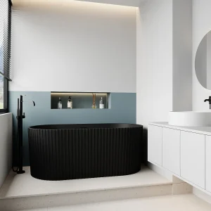 Geribbeld vrijstaand bad van acryl – Mat zwart – 230L – 150 x 75 x 58 cm – ALIENA Geribbeld vrijstaand bad van acryl – Mat zwart – 230L – 150 x 75 x 58 cm – ALIENA