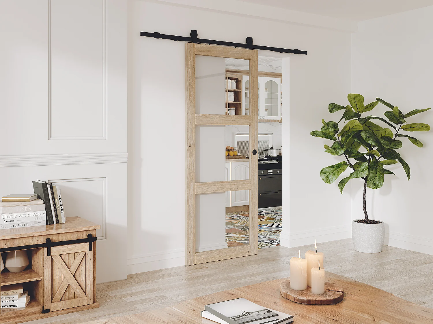 Schuifdeur in hout met wandbevestiging en 3 vensters, gehard glas, L83 cm, ACOSTA II